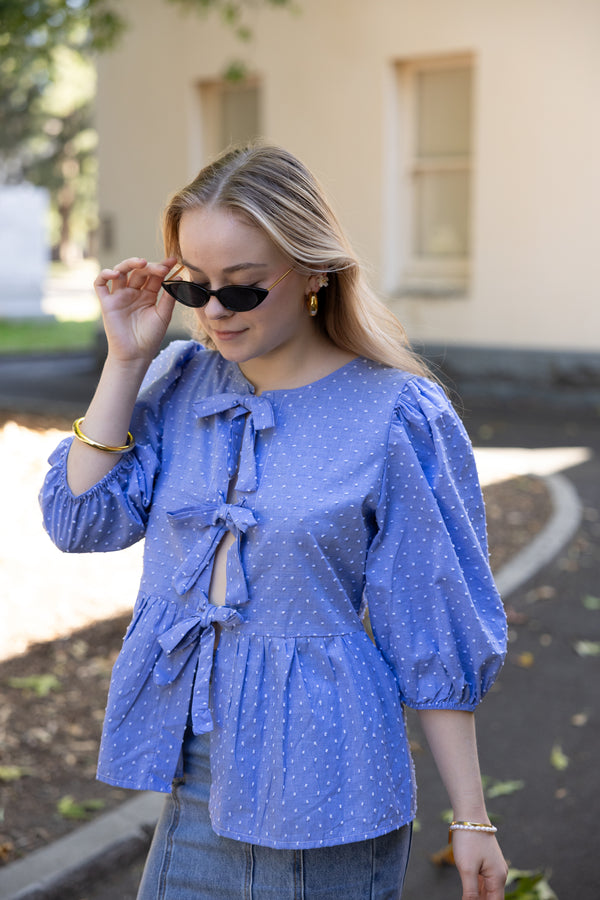 Cutsey Bow Tie Blouse - Blue Dobby Made in France