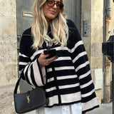 Knitwear Melbourne,  Parisian zip cardigan, french fashion brand, online french label, striped long sleeves  women cardi, french fashion label, black and white cardi
