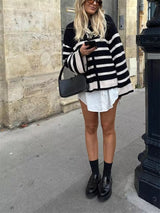 Knitwear Melbourne,  Parisian zip cardigan, french fashion brand, online french label, striped long sleeves  women cardi, french fashion label, black and white cardi