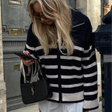 Knitwear Melbourne,  Parisian zip cardigan, french fashion brand, online french label, striped long sleeves  women cardi, french fashion label, black and white cardi