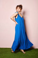 Blue solid maxi dress, tie shoulder dresses, online womens french label, viscose womens dress