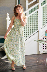Ditsy Floral Shirred Maxi Dress - Green