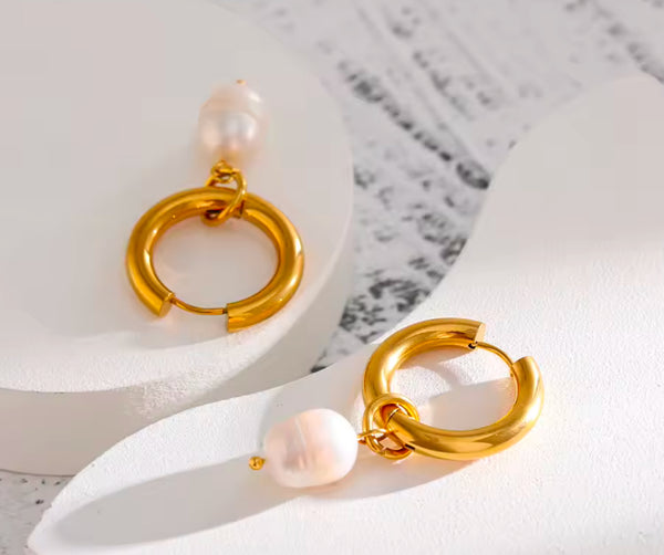 Hoop Drop Earrings With Real Pearls