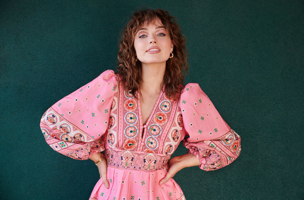 Summer dresses, paisley print, online french women label, pink printed dress