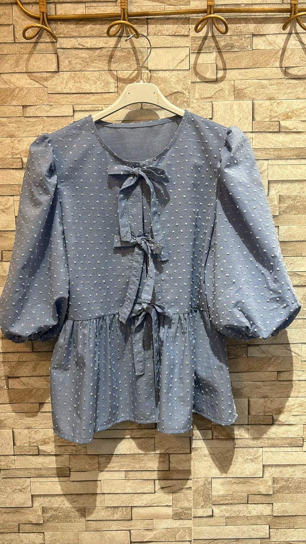 Cutsey Bow Tie Blouse - Blue Dobby Made in France