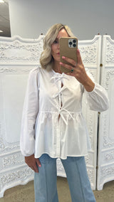 Long sleeves Cutsey Bow Tie Blouse - White