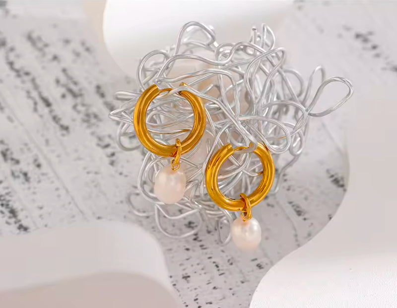 Hoop Drop Earrings With Real Pearls