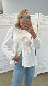 Long sleeves Cutsey Bow Tie Blouse - White