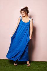 Blue solid maxi dress, tie shoulder dresses, online womens french label, viscose womens dress