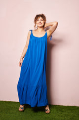 Blue solid maxi dress, tie shoulder dresses, online womens french label, viscose womens dress