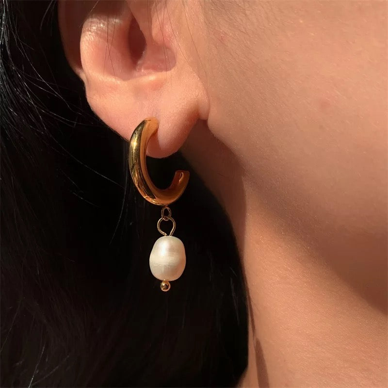 Half Hoop Earrings With Real Pearls