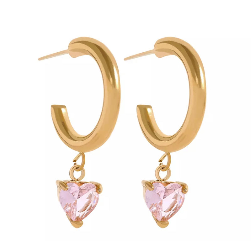 Heart Drop Earrings-Pink