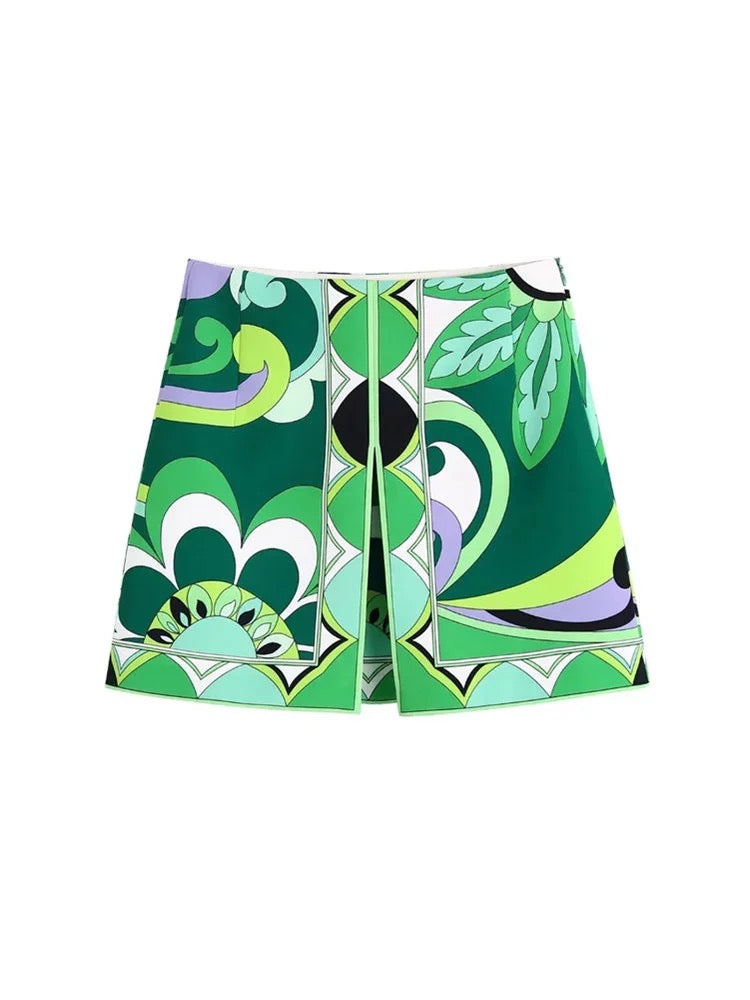 boho clothes, green print, online french fashion label, retro skirt, parisian womens skirt, online fashion skirts