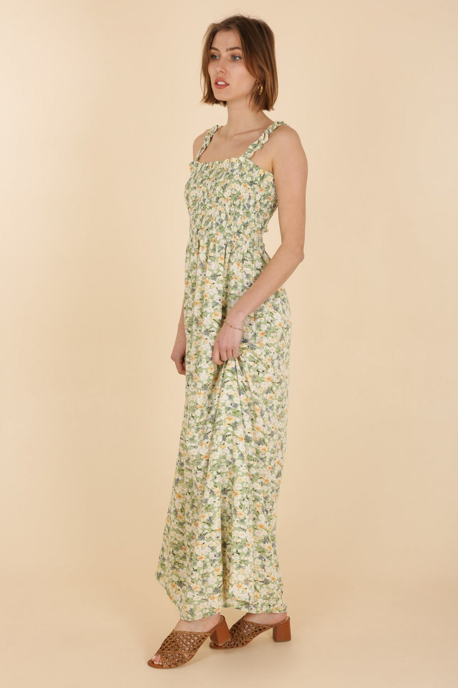 Ditsy Floral Green Shirred Maxi Dress I Frill Straps I Online Dresses –  eyes on floyd