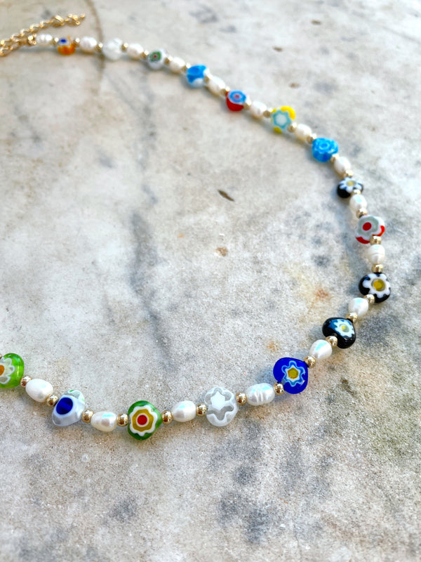 Floral Beads And Real Pearls Necklace