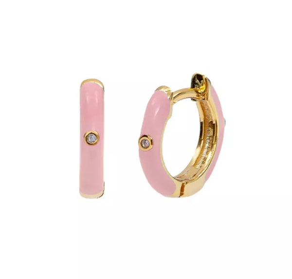 Enamel Huggie Earrings - Pink