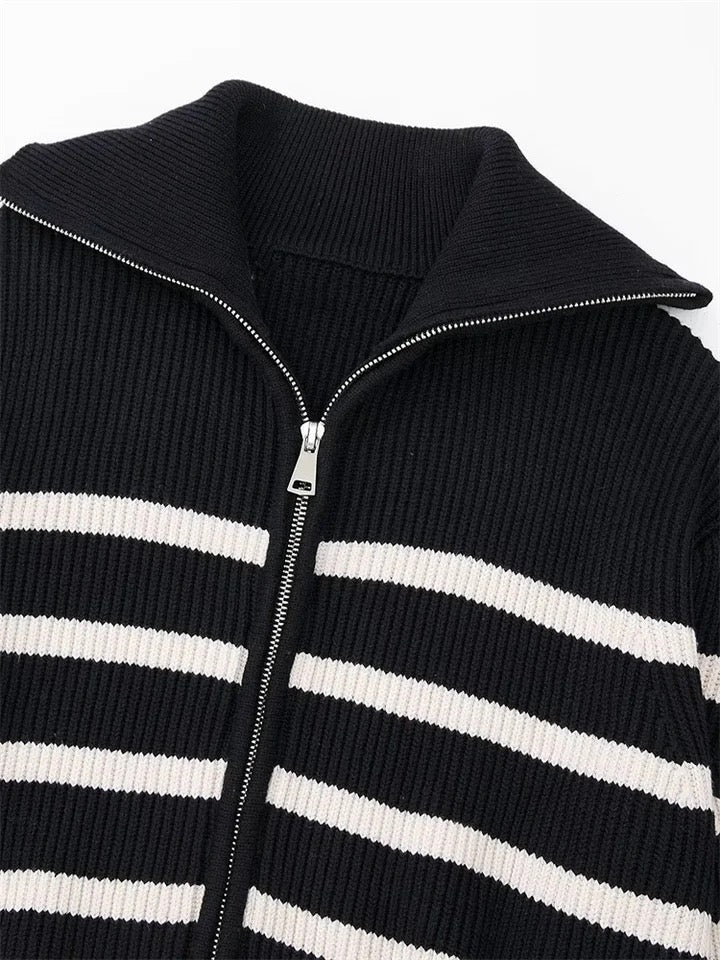 Knitwear Melbourne,  Parisian zip cardigan, french fashion brand, online french label, striped long sleeves  women cardi, french fashion label, black and white cardi