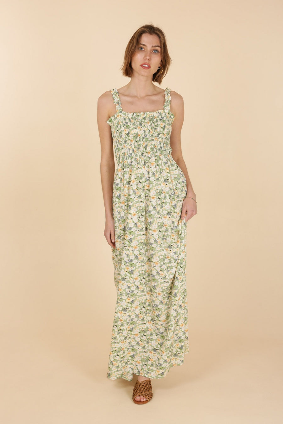 Ditsy Floral Green Shirred Maxi Dress I Frill Straps I Online Dresses