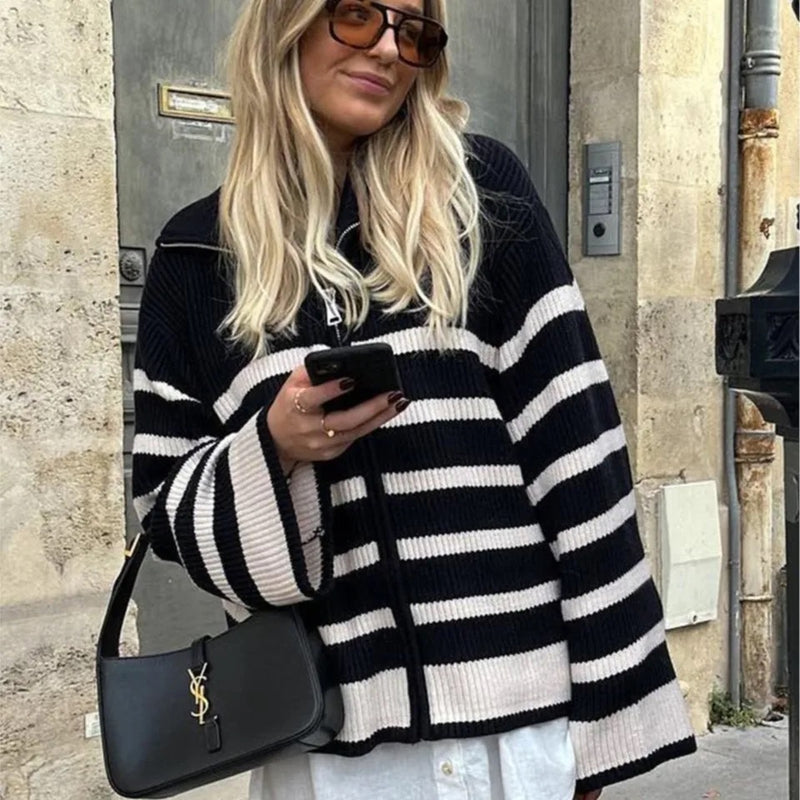 Knitwear Melbourne,  Parisian zip cardigan, french fashion brand, online french label, striped long sleeves  women cardi, french fashion label, black and white cardi