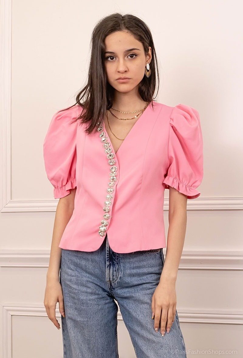 Womens tops australia online, pink top, french fashion label, Parisian style, online womenswear shirt, rhinestones trim, puff sleeves